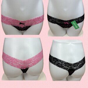Honeydew Intimates M/L Pink-Black Heart Lace Waist Bow Thong Panties-Set of 2